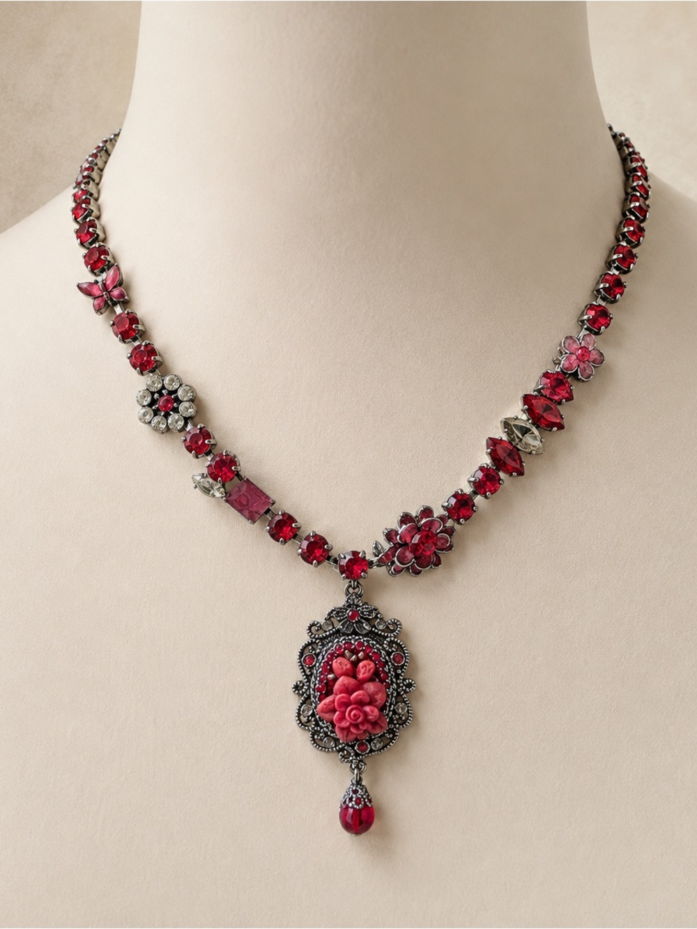 Red Rhinestone Floral Cameo Statement Necklace Victorian Gothic Style